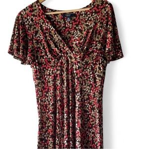 Adorable Vintage Chaps Pink and Brown Patterned Midi Dress